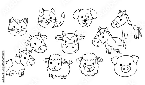 Farm animal coloring book doodle set with cat dog horse cow sheep and pig outline vector illustration