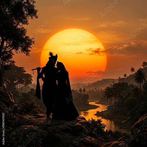 Romantic silhouette of Radha Krishna standing on a riverbank during a golden sunset