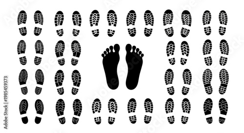 A collection of diverse shoe prints and two bare human feet are presented in a stark black and white composition silhouette high quality professional