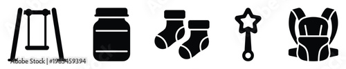 Curated set of baby and childcare icons featuring a swing, feeding jar, socks, rattle, and soft carrier, ideal for digital interfaces, nursery themes, and familyoriented resources