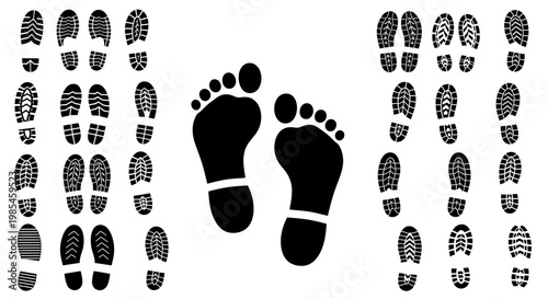 A collection of various black shoe and bare footprints arranged in rows showcasing diverse tread patterns as a silhouette high quality professional detailed modern
