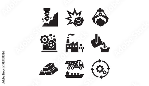 Heavy industry and material processing icons with industry, manufacturing