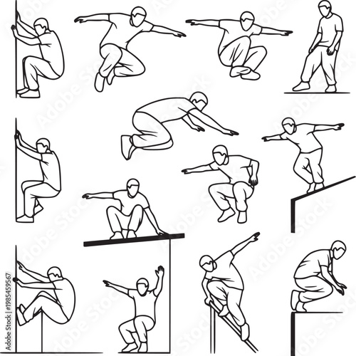 continuous line art of man performing dynamic fitness exercises and workout poses illustration