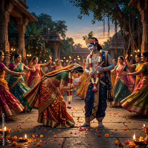 Devotional Scene of Gopi Offering Flowers to Lord Krishna in Temple