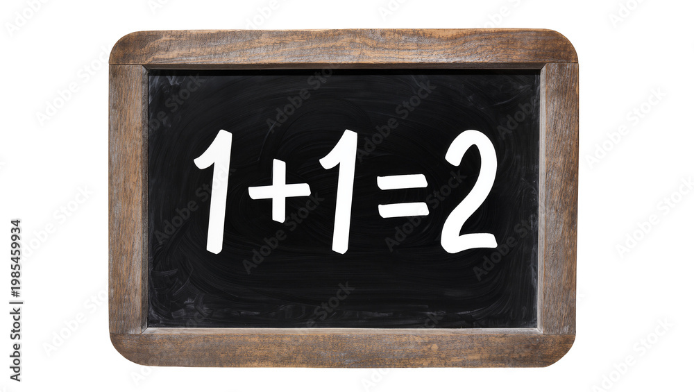 Fototapeta premium Wooden framed chalkboard displaying simple math equation one plus one equals two