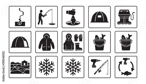 Winter ice fishing and cold weather gear icons with clothing, snowflake