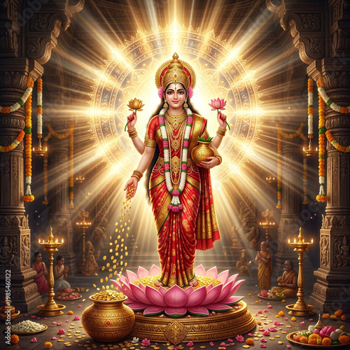 Goddess Lakshmi Bestowing Wealth in Golden Temple with Radiant Halo