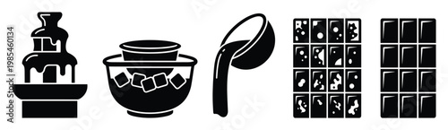 Essential food icons illustrating a chocolate fountain, beverage chilling bucket, pouring sauce, and solid chocolate bar blocks, perfect for bakery marketing and dessert shop promotions.