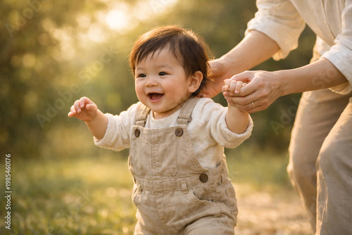 Baby Taking First Steps with Parent’s Support in Warm Sunlight – Family and Growth Concept