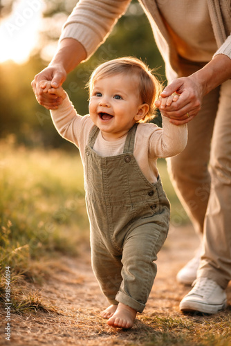 Baby Taking First Steps with Parent’s Support in Warm Sunlight – Family and Growth Concept