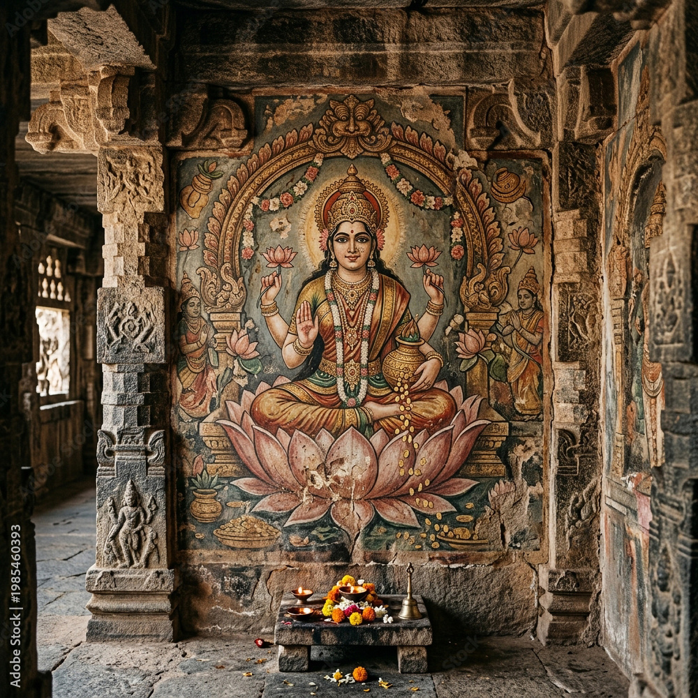 Obraz premium Ancient Temple Wall Painting of Goddess Lakshmi on Lotus