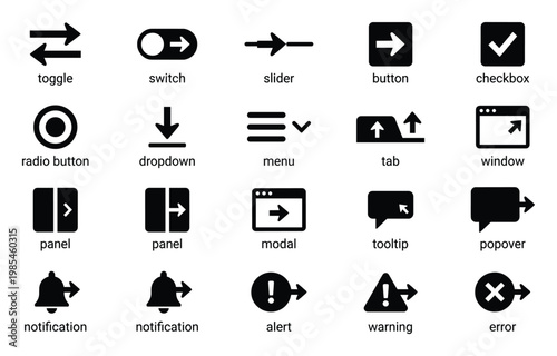 Comprehensive collection of modern user interface control icons for web design and mobile application development showcasing essential interactive elements and notification states