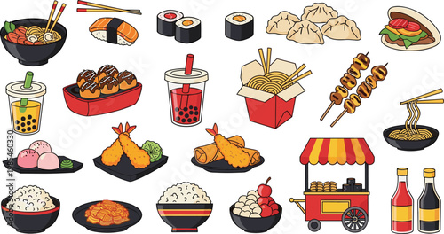 Asian Street Food Vector Set Featuring Sushi Ramen Dumplings Skewers Bubble Tea and Noodles