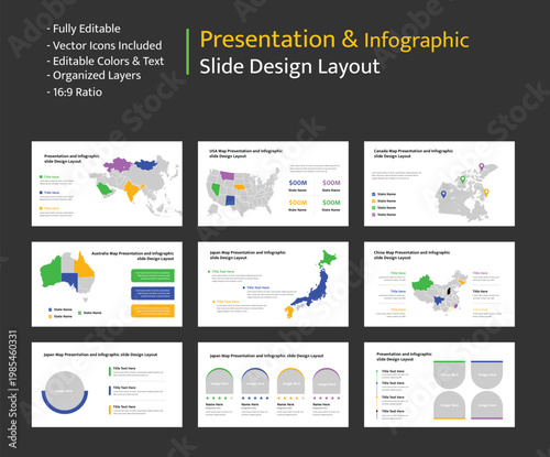Professional presentation layouts featuring various country maps for geographic data visualization