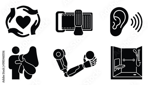 Essential inclusive assistive technology and healthcare support service glyph icons representing accessibility for individuals with disabilities in modern society applications