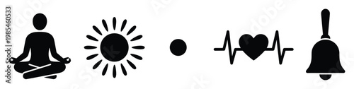 Simple black silhouette icons depicting meditation, sun, heartbeat, and a bell, conveying themes of wellness, peace, and mindfulness for apps, websites, and presentations.