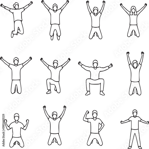 diverse group of people celebrating success with raised arms in flat design illustration