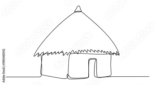 Single line drawing of a traditional hut with a thatched roof, representing indigenous dwelling and cultural architecture, perfect for educational content, travel guides, or minimalist