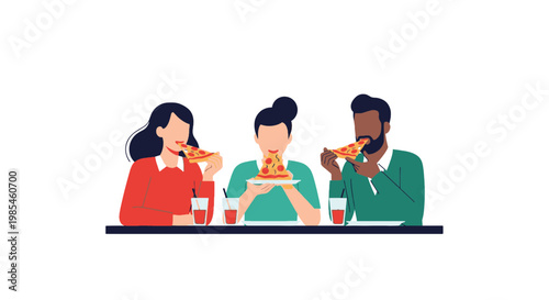 Diverse group enjoying pizza and drinks at a casual social gathering