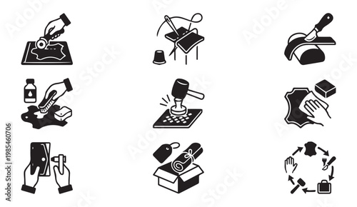 Leather crafting process icons with crafting material template leatherworker
