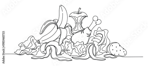 Continuous line drawing of organic food waste and kitchen scraps like banana peel, apple core, and bones, symbolizing composting and sustainable living for environmental themes.