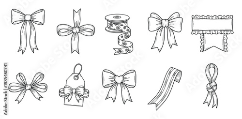 Hand drawn decorative bows and ribbon elements set ideal for gift wrapping, celebration accents, craft projects, or festive greeting designs