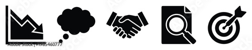 Business icons including a downward graph, thought bubble, handshake, document search, and target with arrow for corporate presentations and financial reports