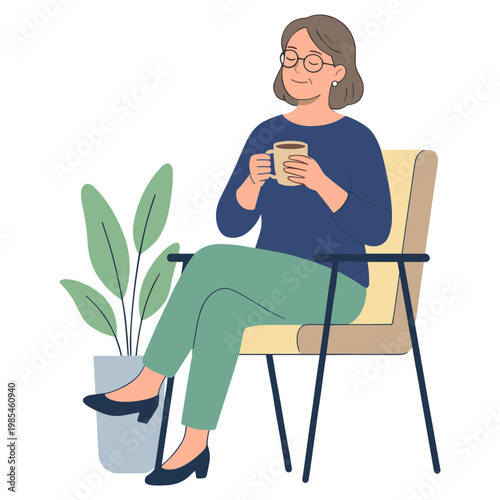 Woman sitting on chair holding cup with plant beside her indoors