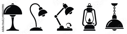 Diverse collection of lighting fixture silhouettes featuring modern and classic designs like table lamps, desk lamps, an oil lantern, and a hanging pendant, ideal for interior design and