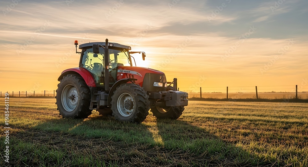 Fototapeta premium Powerful farm machinery stands ready in a sunlit field, showcasing the strength and beauty of modern agriculture as the day begins or ends with a golden glow