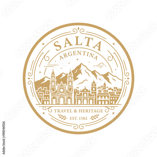 Salta Argentina travel heritage emblem with cathedral and mountains vector illustration
