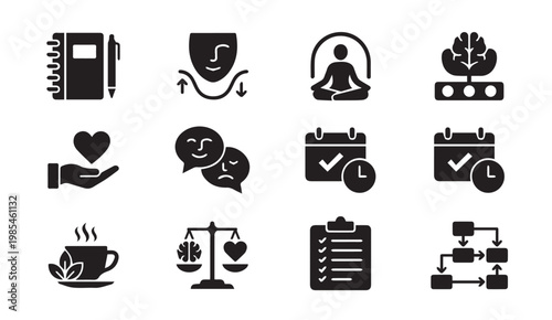 Daily routine habits and emotional wellbeing icon collection with lifestyle