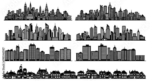 A detailed black and white cityscape illustration presents various building arrangements and architectural styles forming a complex skyline silhouette high quality professional modern elegant