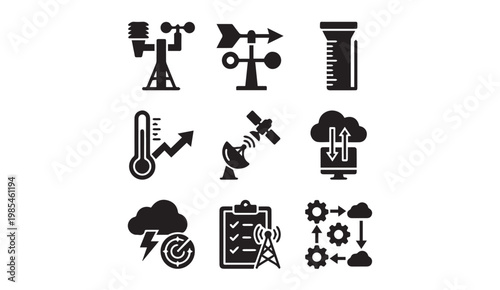 Weather monitoring and meteorological data technology icon set with meteorology