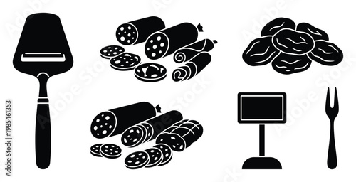 Collection of black silhouette icons featuring a cheese slicer various sausages dried prunes a display stand and a deli fork for foodrelated marketing and design