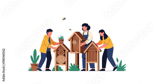 People Building Birdhouses in Garden Scene