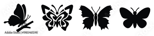 Versatile set of elegant black butterfly silhouettes in various styles, perfect for graphic resources, print media, and decorative applications across diverse projects.