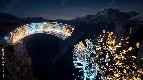 Futuristic bridge broken structure glowing glass canyon night technology failure abstract collapse digital particle explosion surreal sci fi disaster