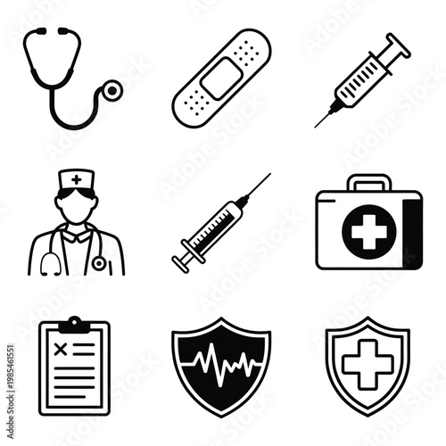 Medical icons including a stethoscope isolated on white background, collection of healthcare symbols such as heart, cross, and medicine tools, clean vector illustration for clinics, hospitals, and med