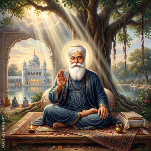 Guru Nanak Dev Ji Teaching Disciples near Holy Gurdwara and Water