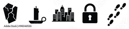Essential black silhouette symbols representing a broken crystal, a traditional candle, a towering cityscape, a secure padlock, and human footprints perfect for general design and