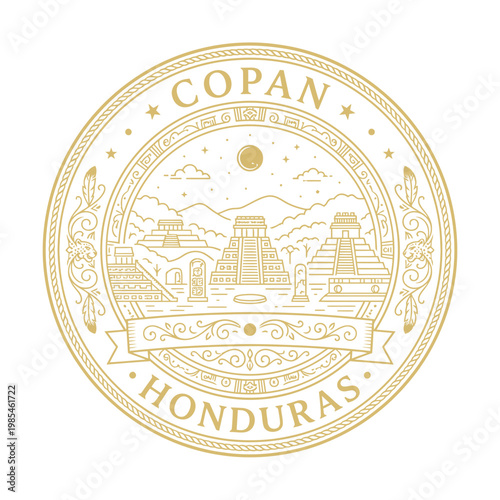 Elegant gold circular emblem of Copan Honduras Mayan archaeological site vector illustration