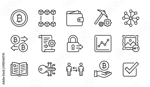 Bitcoin and cryptocurrency line icons set for digital asset and blockchain
