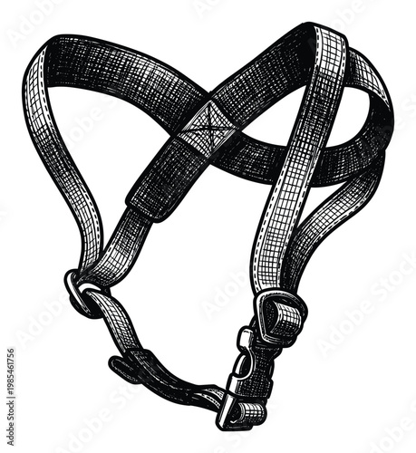Detailed monochrome etching of an adjustable webbing harness with metal buckles and rings, suitable for pet product designs, outdoor equipment brochures, and technical manual illustrations.
