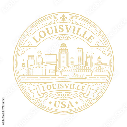Elegant gold Louisville Kentucky skyline emblem with steamboat and bridge vector illustration