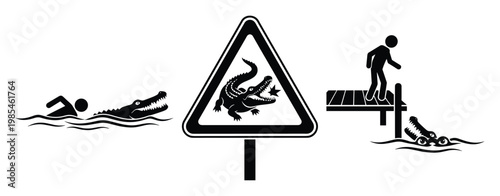 Warning sign showing crocodile danger with humans swimming and interacting near a pier, illustrating potential hazards in water environments for safety awareness campaigns.