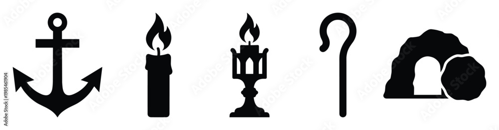 © Maestro - Christian faith symbols collection featuring anchor, burning candles, shepherd staff, and empty tomb for religious content and spiritual design projects