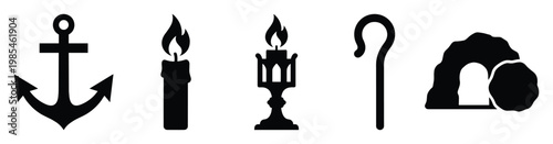 Christian faith symbols collection featuring anchor, burning candles, shepherd staff, and empty tomb for religious content and spiritual design projects