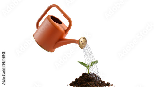 Foto Red Metal Watering Can Pouring Water on Small Green Sprout in Soil