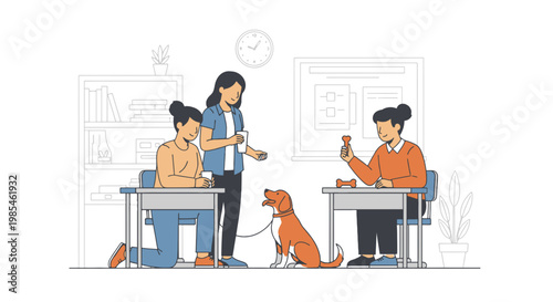 Working Office with Colleagues and a Dog in Modern Workspace